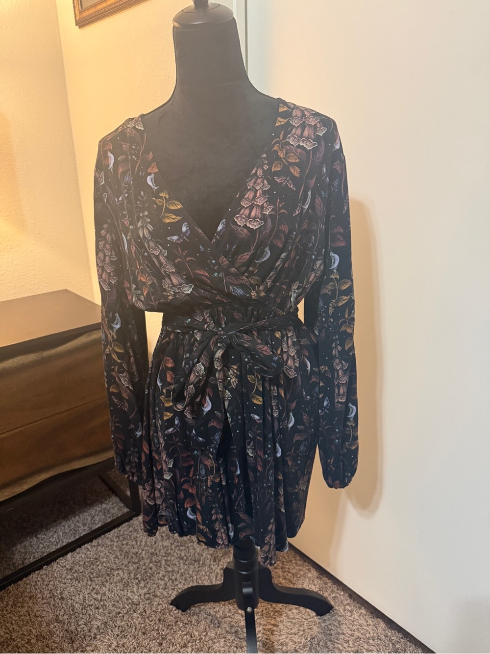 Disturbia Black Floral Wrap Dress with Multicolor Leaf Print